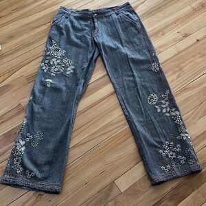 Aziza plaid floral embroidered/studded accent wide leg red topstitching pants 10